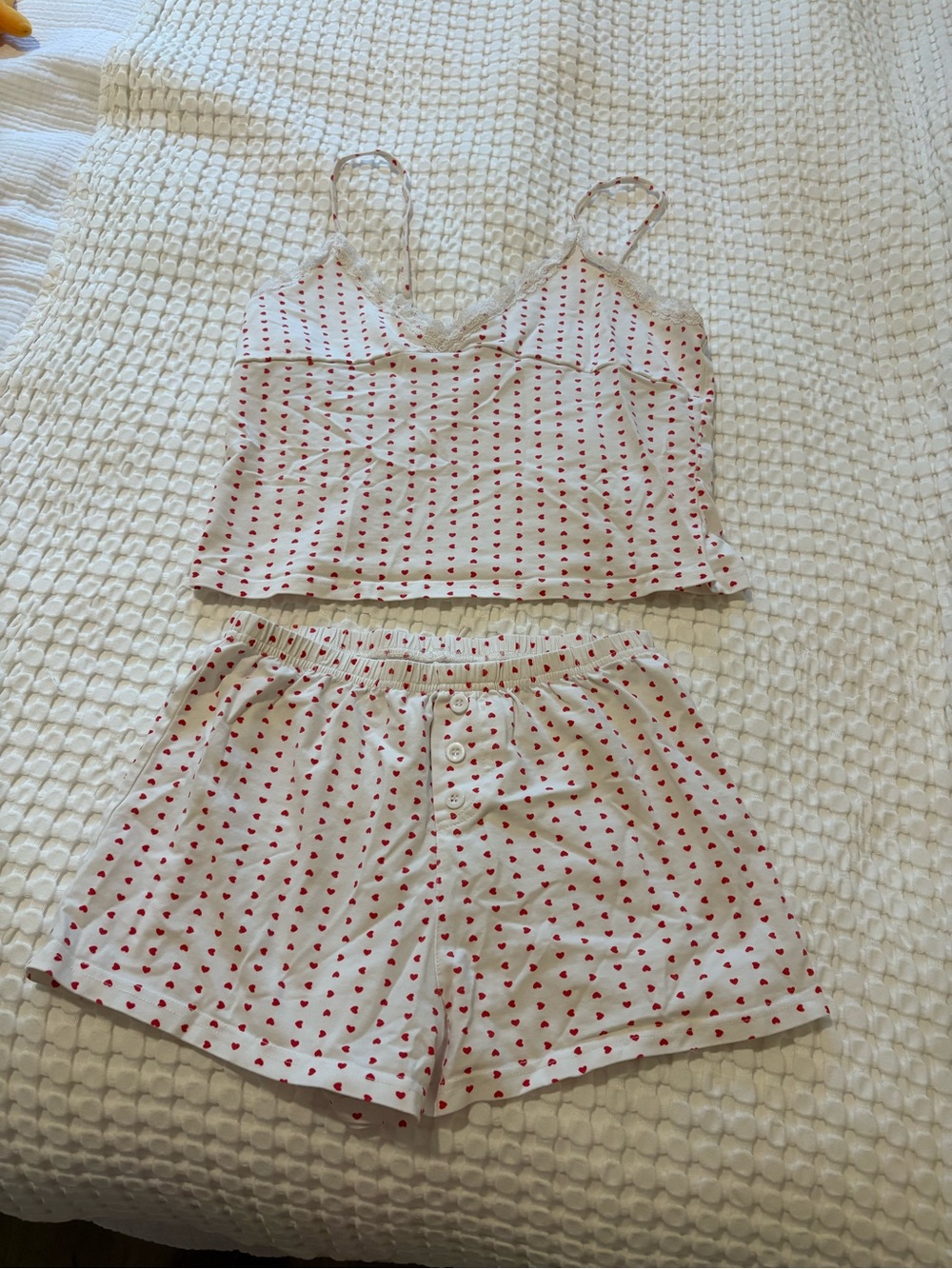 White Lace-Trim Cami & Red Heart-Print Short Pajama Set